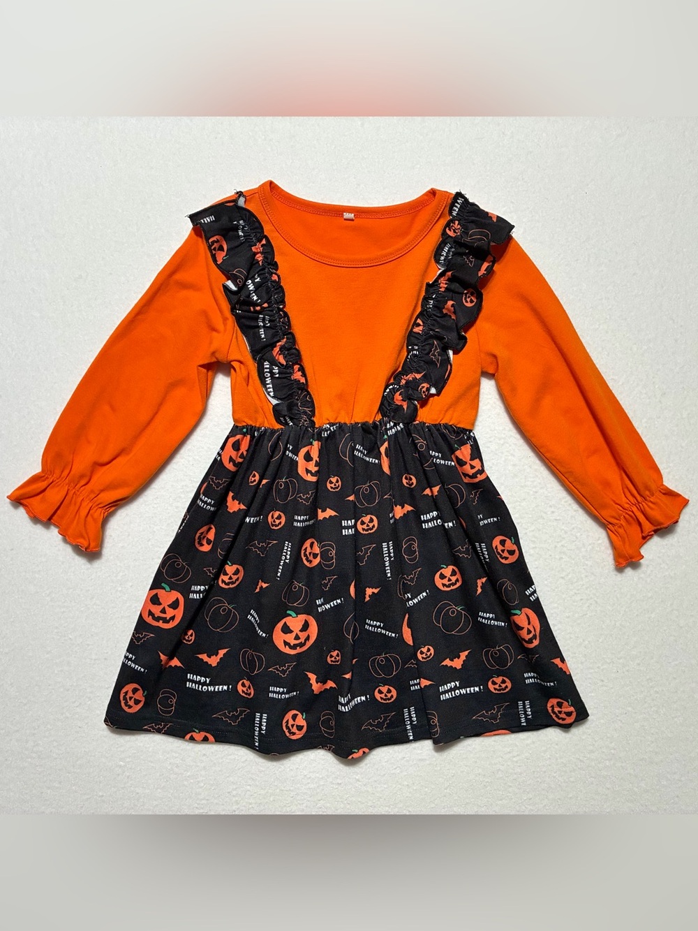 SHEIN Girls Halloween Dress Pumpkin Design Long Ruffle Sleeve Size 110 4-5 Yrs.